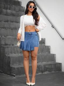 SHEIN Essnce Women's Side-Tie Pleated Denim Mini Skirt - Medium Wash - View 5