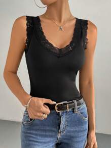 Chiquease Women's Casual Lace Splice V-Neck Tank Top With Thermal Lined, Autumn & Winter