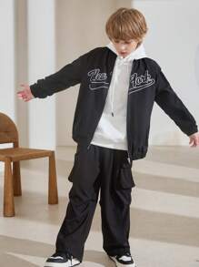 SHEIN Tween Boy Loose Casual Letter Printed Jacket - Black - View 6