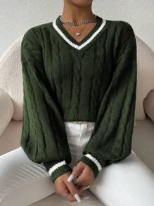 Chiquease Jersey holgado, informal, de cuello en V y hombros caídos para mujer, para otoño/invierno, con mangas largas
