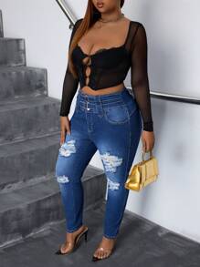 Slaydiva Plus Size Elastic Denim Skinny Ripped Jeggings - Dark Wash - View 5