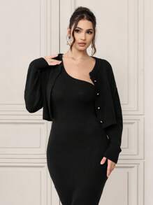 Modelyn 2pcs Women's Solid Color Front Button Shirt And Asymmetric Sleeveless Dress Set 2 Pieces Set - Black - View 1