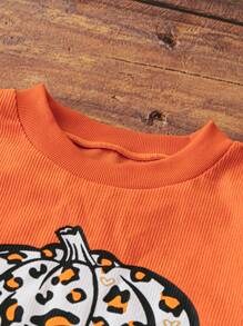 Chiquease Sudadera suelta de terciopelo con estampado de calabaza y leopardo para otoño - Naranja - Ver 3