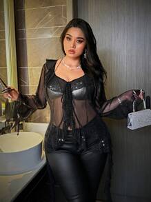 SHEIN Privé Blus Wanita Ukuran Plus dengan Hiasan Ruffle, Asimetris, Bahan Lurex Transparan, Lengan Panjang, Hitam, Cocok untuk Pesta dan Acara Kumpul-kumpul di Musim Gugur - Hitam - View 4
