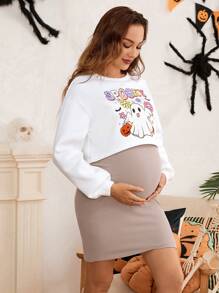 SHEIN 2pcs Maternity Halloween Costumes For Women: White Long Sleeve Sweatshirt And Adjustable Waist Ruched Skirt, Fall - Multicolor - View 3