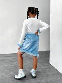 SHEIN 2pcs/Set Tween Girls Blue Furry Splicing Sleeve White T-Shirt & Denim Effect Print Skirt Street Fashion Outfit - White - View 2