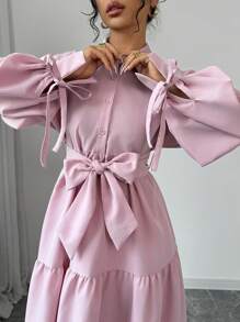 Selianne 女士优雅休闲时尚女士泡泡袖翻领蝴蝶结腰带纯色连衣裙 - 粉色 - 查看 5