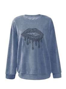 INAWLY Plus Size Women Spring Autumn Leopard & Lip Print Crew Neck Long Sleeve Casual T-Shirt, For Winter Fall Cloth For Women - Blue - View 3