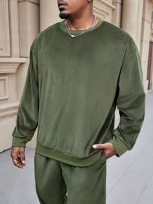 Manfinity Homme Men Plus Size Solid Color Casual Sweatshirt And Sweatpants Set - Army Green - View 6