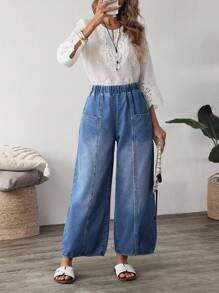 Quần Jeans Ống Rộng Co Giãn Có Túi Lưng Thun Cho Nữ - Màu xanh lam - Xem 4