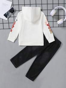 2pcs Boys' Casual Cute College Style White Hoodie With Cartoon & Letter Print And Blue Washed Straight Jeans Pants, 2-24M, Fall/Winter Outfit Set - White - View 2