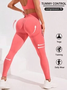 SHEIN Solid Color Waist Gathering Tight Pleated Sports Leggings, Casual Daily Wear
