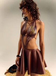 SHEIN Unity Vestido patinador con escote halter profundo sin espalda, impreso con gráfico animal en PU