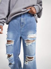 PAVTROS Quần Harem ống rộng rộng rãi màu xanh xám denim giặt dành cho nam - Màu xanh bụi bặm - Xem 4