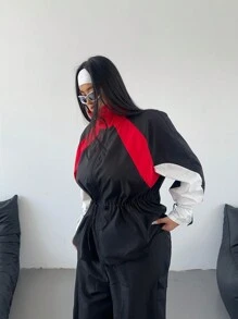 Flirla Chaqueta informal con contraste de color, cintura con cordón, talla grande, otoño