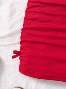 SHEIN Young Girl's Summer Rhinestone Heart Print Crew Neck Ruched Casual Dress,Holiday,Summer,Travel - Red - View 5