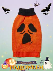 PETSIN 1pc Pet Halloween Frightening Expression Orange Black Color Blocking Warm Cozy Dog Sweater - Multicolor - View 2