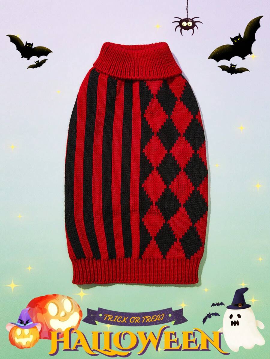PETSIN 1pc Pet Halloween Red & Black Plaid Striped Clown Costume Warm & Comfy Dog Sweater - Multicolor - View 1