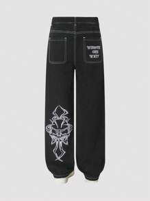 Jeans casuales rectos con pierna vintage desgarrada y bordada, ropa de calle Y2K para adolescentes