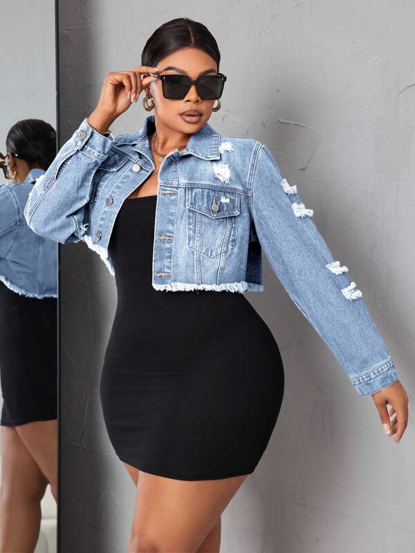 SHEIN SXY Plus Size Front Button Frayed Trim Long Sleeve Ripped Denim Jacket