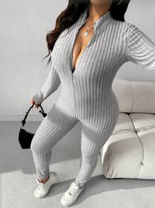 SHEIN EZwear 大码纯色长袖前拉链简约连体裤，休闲日常穿着 - 淺灰色 - 查看 3