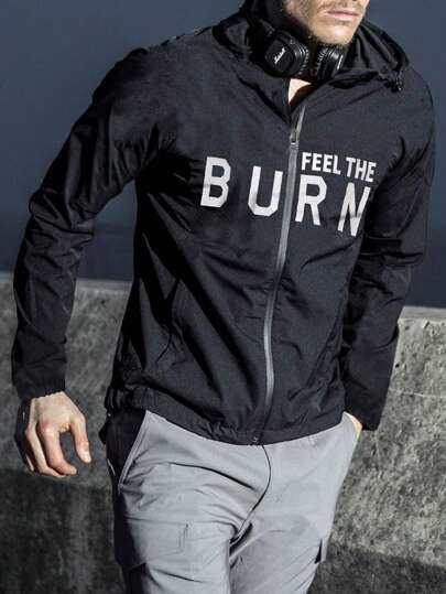 Manfinity Fitness Chaqueta deportiva casual con capucha y estampado de letras, estilo novio, chaqueta deportiva de otoño