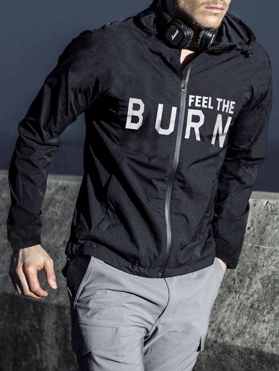 Gym Rark 男友风男士休闲字母印花连帽运动夹克,秋季运动夹克 - 黑色 - 查看 1
