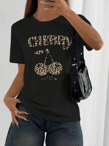 SHEIN EZwear Loose Fit Leopard Print & Cherry Graphic Crew Neck Short Sleeve T-Shirt For Women, Summer