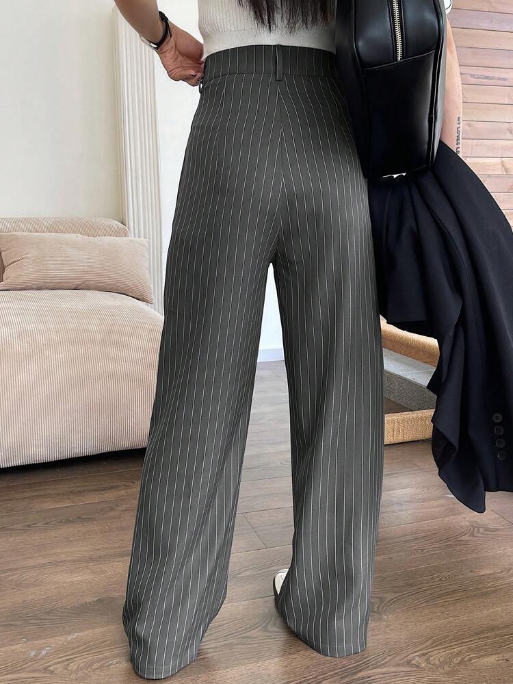 Women's Striped Loose Straight Leg Pants, Business Casual, Gray, All Season,Women Dress Pants