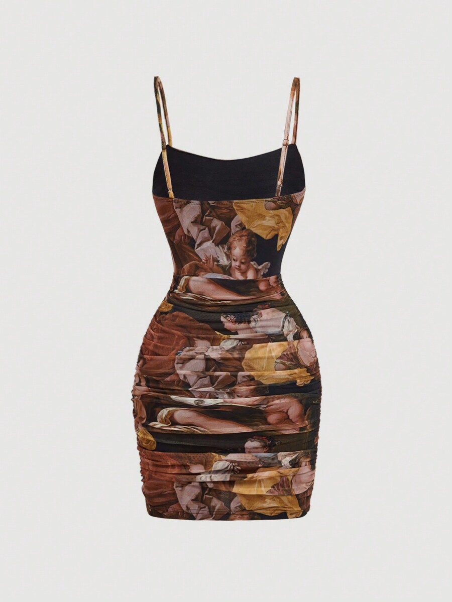 SHEIN MOD Women''s Vintage Angel Painting Print Bodycon Dress
