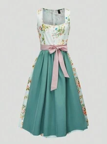 Fairmaia 女士德国传统服装，方领无袖拉链后背花卉印花 Dirndl 连衣裙，配有可拆卸围裙，Dirndl 连衣裙，适合慕尼黑啤酒节 - 綠色 - 查看 1