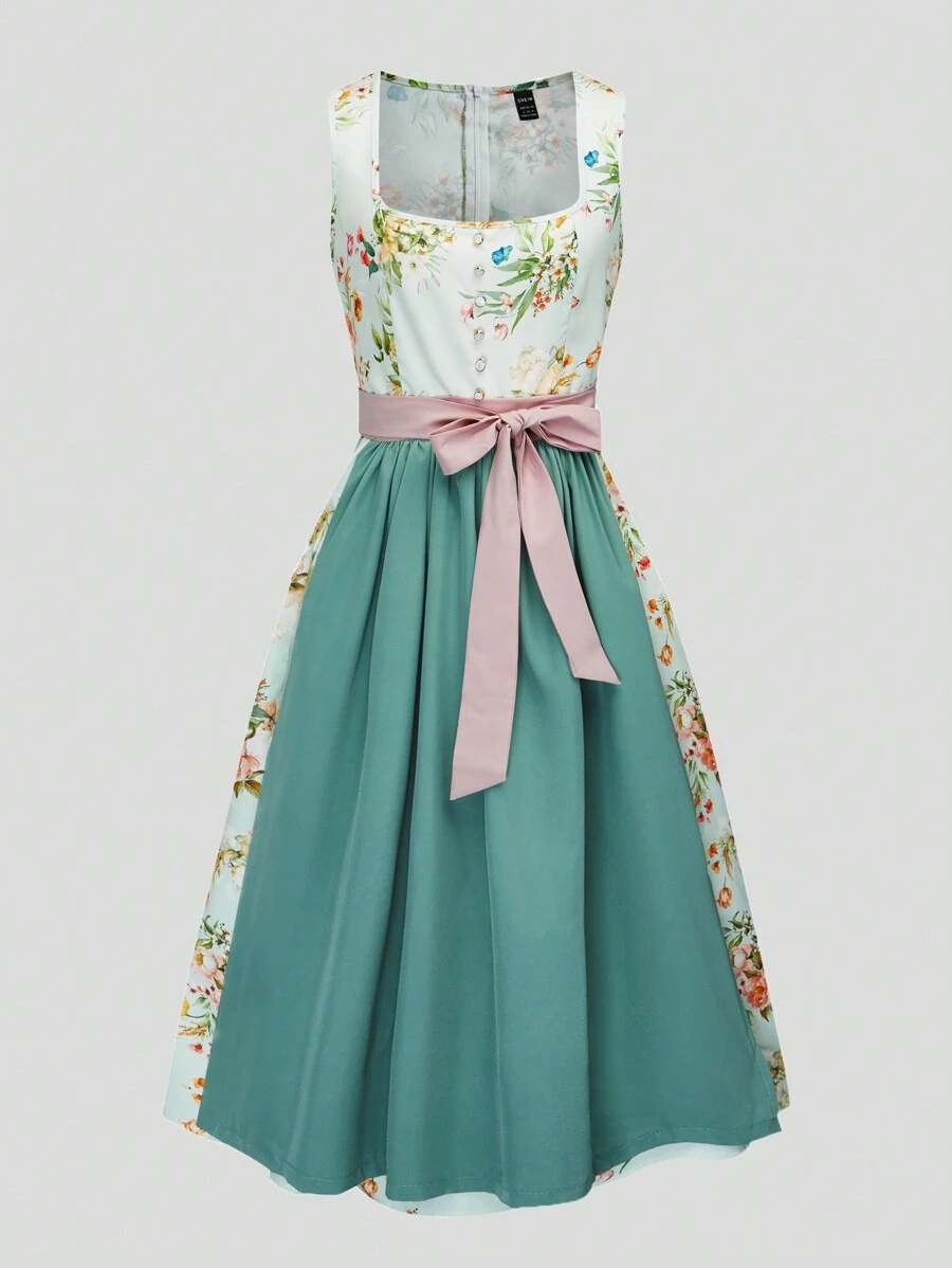 Fairmaia 女士德国传统服装,方领无袖拉链后背花卉印花 Dirndl 连衣裙,配有可拆卸围裙,Dirndl 连衣裙,适合慕尼黑啤酒节 - 綠色 - 查看 1