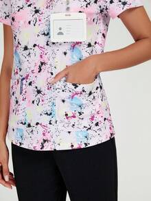 TaskEZ 女士 - 扎染甜心 V 领手术服上衣，女士短袖 V 领护士制服，带 2 个口袋 T 恤手术服上衣短袖口袋休闲制服上衣 - 彩色 - 查看 6