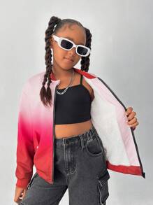 SHEIN Explorewe 1 件 Tween 女童时尚渐变色拉链夹克，秋冬季
