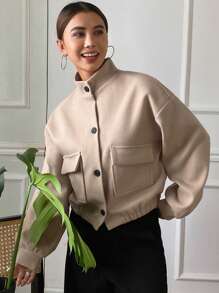 DAZY Solid Color Stand Collar Pocket Short Jacket For Women,Fall Clothes - Apricot - View 4