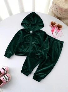 Baby Girls' Velvet Hooded Top And Elastic Waist Pants Set - Dark Green - View 2