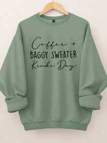 SHEIN CURVE+ Plus Size Women's Letter Printed Round Neck Sweatshirt , Graduation, Teachers For Women, Back To School Pullover Fall Winter Autumn - Olive Green - View 1