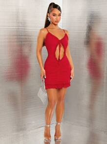 SHEIN SXY Vestido festivo com recorte de renda e guarnição de coelho feminino fantasia sexy mini saia vermelha feminina - Vermelho - Ver 4