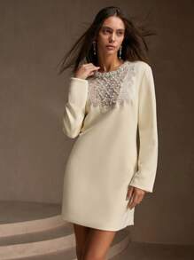Anewsta Women's Fashionable Elegant Airy Knit Dress With Pearl And Rhinestone Decor