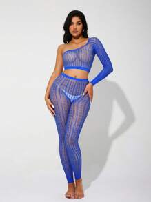 Hollow Out One Shoulder Lingerie Set - Royal Blue - View 1