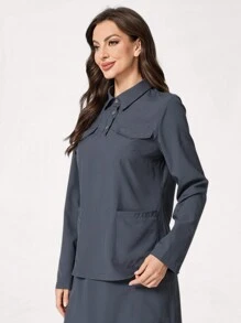 TaskEZ Plain Front Button Long Sleeve Pocket Minimalist Scrub Uniform Top - Grey - View 7