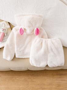 Baby Girls Cute Rabbit Ear Hooded Pullover And Ruffle Shorts 2pcs Set, Warm Winter Outfit - White - View 10