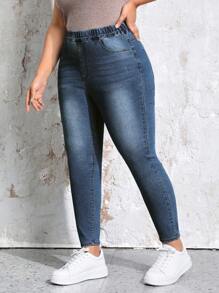 EMERY ROSE Plus Size Women Elastic Waist Denim Pants - Medium Wash - View 3