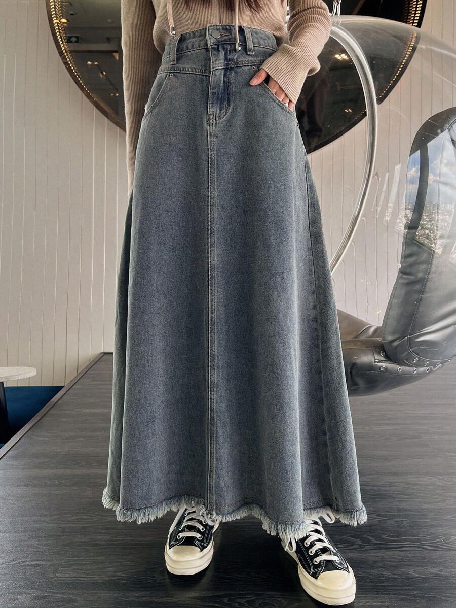 DAZY 女士纽扣前袋纯色牛仔裙，休闲日常穿着牛仔裙，秋冬季 - 中等水洗藍 - 查看 1