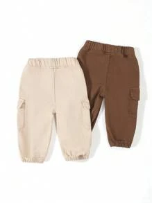 SHEIN Playful Pals 2 件装男婴纯色松紧腰休闲牛仔裤套装，秋季