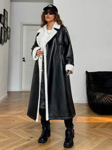 SHEIN EZwear Fashionable Thermal Lined Long Coat For Autumn/Winter - Black - View 5