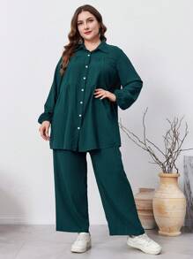 Graceveil Set de 2 piezas de pantalones con botones y mangas largas de unicolor de talla grande, elegantes y casuales, coordinados de 2 piezas para viajes, uso casual, hogar u ocasiones festivas