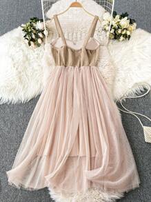SHEIN Unity Plus Size Elegant Mesh Contrast Spaghetti Strap Dress, Summer - Apricot - View 2
