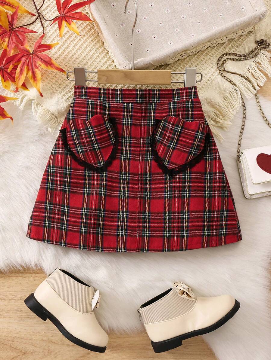 圣诞节少女优雅红色格子面料心形口袋 A 字裙 - 彩色 - 查看 1