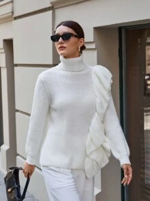 SHEIN Cottnline Women Big Ruffle Detailed Slim Fit Sweater - White - View 5